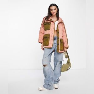 Free People Mixed Military Dolman Quilted Jacket in the Rose Combo XS